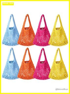 8 Cotton Rope Tote Bags Handwoven Boho Crochet Beach Party Favor Gift Bags